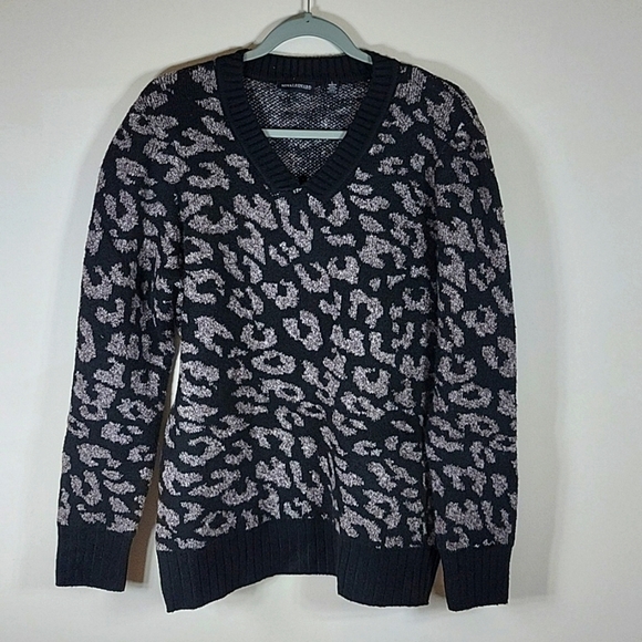 Nina Leonard Womens V Neck Pullover Sweater Ribbed Cuff/Hem Black Gray Large - Picture 2 of 5